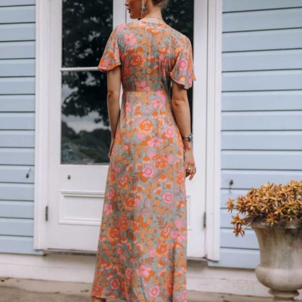 Boho orange floral print wrap maxi dress v neck - Picture 5 of 8
